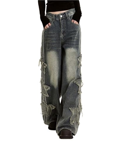 Lafaguw Baggy Jeans Star Patchwork High Waist Loose Pants Grunge Emo Clothing thumbnail 3