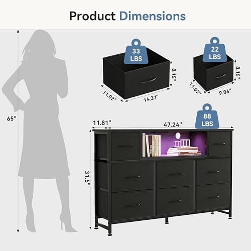DUMOS TV Stand Dresser with 8 Fabric Drawers and Open Shelves, LED Entertainment Center with Charging Station, Wood Top Media Console for 45-55 inch TV Stand, Bedroom, Black thumbnail 3