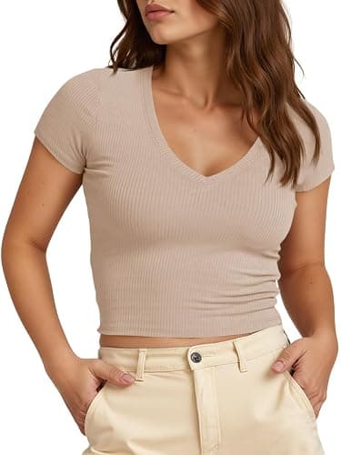 Tankaneo Womens Crop Tops Ribbed V Neck Short Sleeve Summer Basic Tees Slim Fit Y2k Shirts - Image 1