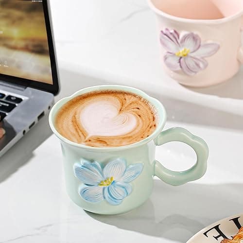 LGQ Cute Floral Coffee Mug Set of 4-12oz Ceramic Flower Embossed Cups with Petal Handles, Dishwasher and Microwave Safe thumbnail 2