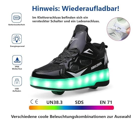 HUSKSWARE Kids Shoes with Wheels – 2-Wheel Roller Trainers for Boys Girls, LED Light-Up USB Rechargeable Retractable Sneakers, Outdoor Sports Skating Shoes EU 27-40 Black Pink Gold Silver White thumbnail 2
