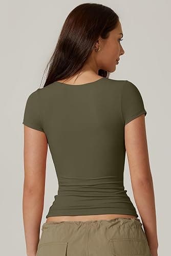 QINSEN Women's Crew Neck Short Sleeve Tees Double Lined Slim Fit T Shirt Basic Y2K Tops thumbnail 2