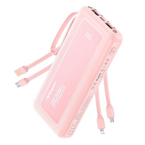 FlyKangaroo Powerbank mit integrierten Kabeln, 10000mAh, 22,5W Schnellladefunktion, USB-C LED-Anzeige, tragbares Ladegerät mit 6 Ausgängen & 2 Eingängen für iPhone, Samsung, Pixel, LG, Moto, pink - Image 1
