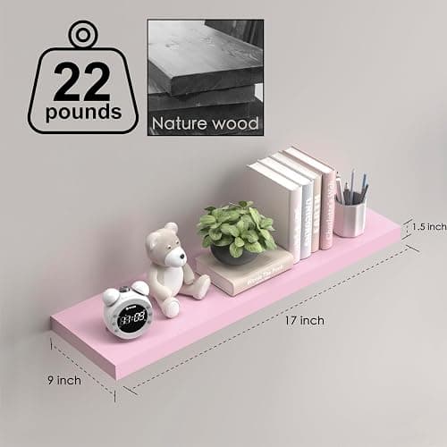 PopiShelves Pink Floating Shelves for Wall - 17 Inch Natural Wood Shelves for Bathroom, Bedroom, Kitchen Decor, Farmhouse Decor Set of 2 thumbnail 3