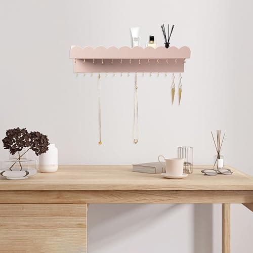 Lampaggio Wall Mount Jewelry Organizer with 28 Hooks and Cosmetics Shelf, Modern Wood Hanging Jewelry Holder for Necklaces, Bracelets, Earrings and Rings, Pink thumbnail 7
