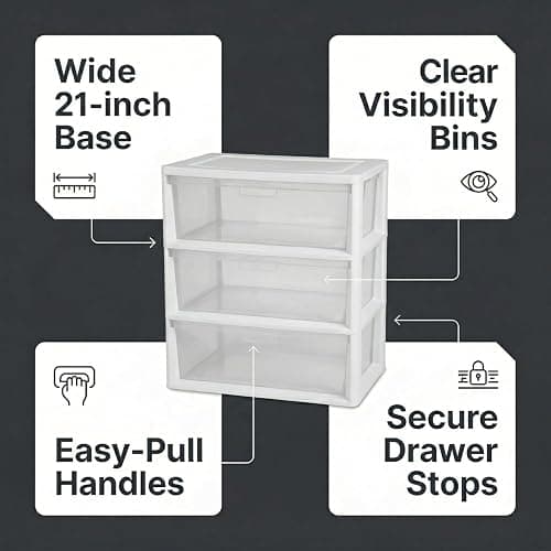 Wide 3 Drawer Plastic Storage Tower with Clear Removable Bins, 15.6" x 21" x 25.2" Organizer Unit with Drawer Stops and Easy-Pull Handles for Closet, Dorm, and Office Organization, White thumbnail 9