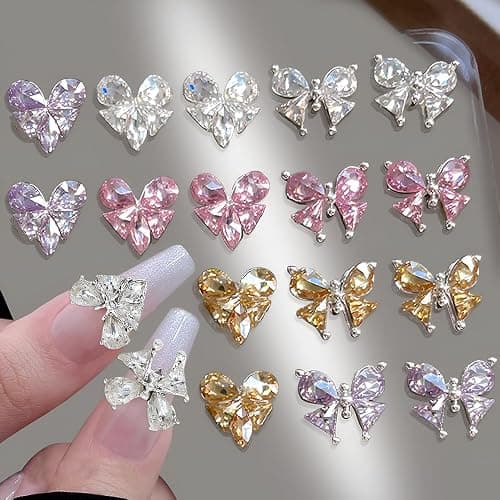 16 Stück Bunte Glitzersteine Nail Charms Nägel Zubehör Zirkon Herz Schmetterling Strasssteine Nagel Charms Nail Art Rhinestones Glitzer Steine Schleifen Herzen Nailart Edelsteine Nageldesign Nail Gems - Image 1