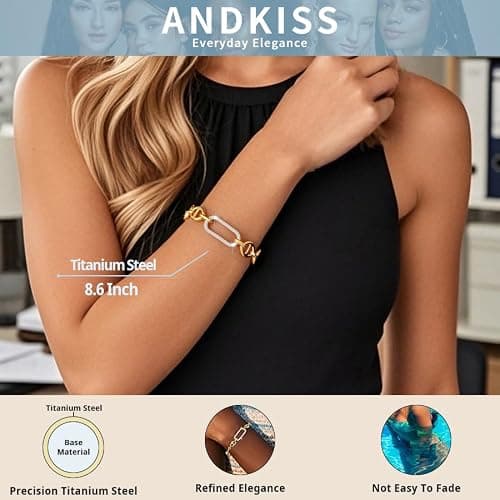 ANDKISS 18K Gold Bracelets for Women, Adjustable Waterproof Non-Tarnish Titanium Chain with Pavé AAA+ CZ Accent, Dainty Gold Plated Paperclip Bracelet Jewelry Christmas Gifts thumbnail 8