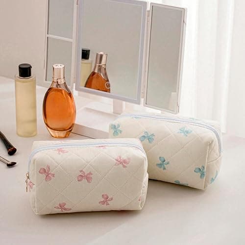 Gleyemor Small Quilted Makeup Bag for Women, Cute Floral Bow Cosmetic Bag, Emergency Bag Travel Toiletry Cotton Pouch Gifts for Girls Her Mom Friend Sister Bridesmaid (Small Pink Bowknot) thumbnail 2