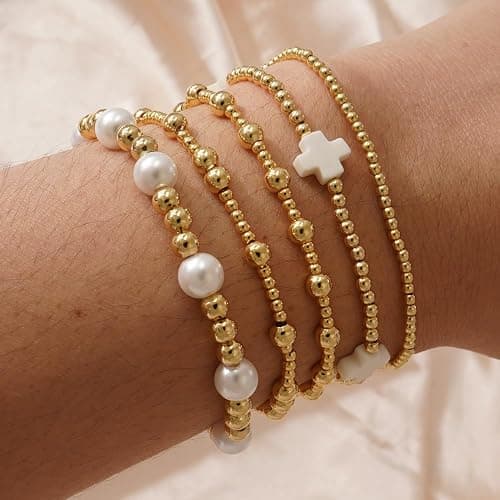 SHINUS BOHO 5Pcs Gold Plated Cross Beaded Bracelets Stack Set for Women,Stretch Stackable Boho Colorful Beads Ball Jewelry Friendship Summer Daily Wear Trendy thumbnail 2