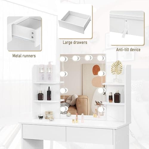 Cemoxul White Vanity Desk with Mirror and Adjustable Hollywood Lights, Makeup Vanity Desk with Lights 3 Color Modes, 2 Drawers & 4 Storage Shelves, Compact Dressing Table for Small Space thumbnail 8
