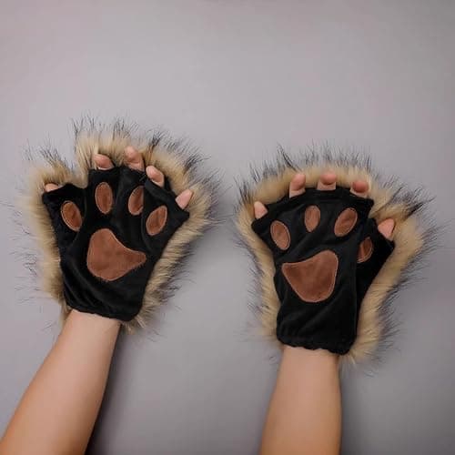 PURFUN Fuzzy Faux Fur Paw Gloves, Men Women Halloween Costume Bear Cat Claw Mittens Winter Warm Plush Half Finger Gloves thumbnail 5