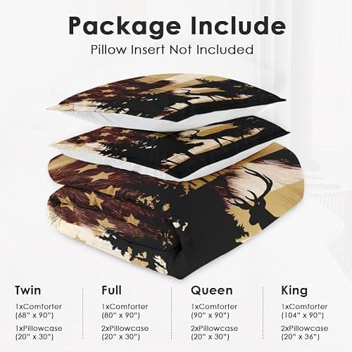 WeCozy Queen Size Comforter Set with 2 Pillowcases, Deer Animal Tree Cow Print 3 Pcs Bedding for Kids and Adults, Retro American Flag Soft Comforter Set for Bedroom Bed Decor thumbnail 6