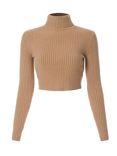 MixMatchy Women's Casual Turtleneck Long Sleeve Ribbed Sweaters Cropped Slim Fitted Knit Top - Image 1