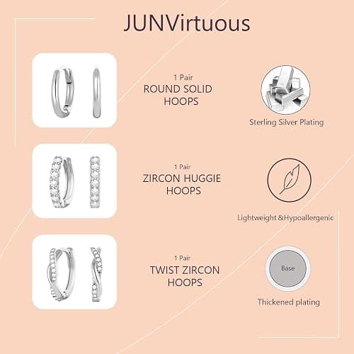 JUNVirtuous 925 Sterling Silver Hoop Earrings for Women Hypoallergenic Silver Small Huggie Hoop Earrings for Women Stack Sets for Multiple Piercing Trendy Jewelry aretes de plata 925 para mujer thumbnail 5