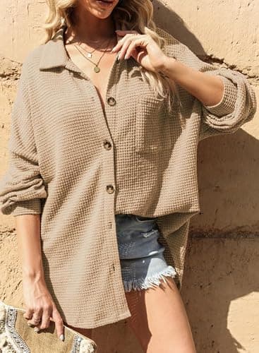 Dokotoo Womens Waffle Knit Shacket Jacket Casual Long Sleeve Button Down Shirts Dressy Blouses Tops thumbnail 3