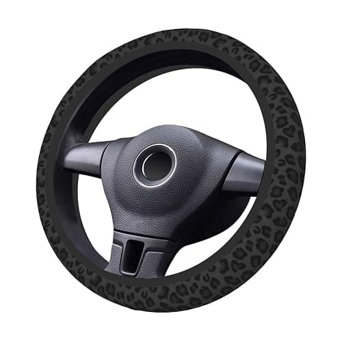 Black Leopard Print Cheetah Elastic Steering Wheel Cover, Non-Slip Breathable Neoprene Steering Wheel Covers, Women Leopard Car Accessories, Universal 15 Inch Fit Auto, Suvs, Truck thumbnail 2