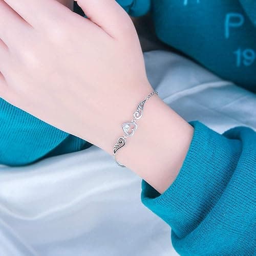 LGSY 925 Sterling Silver Guardian Angel Wings Bracelets for Women, CZ Design Heart Adjustable Chain Bracelets for Jewelry thumbnail 5