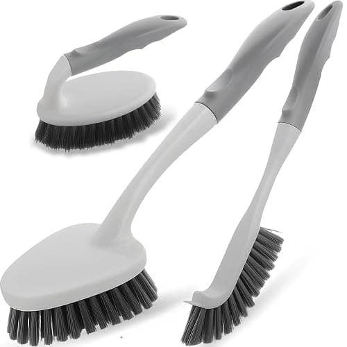 3 Pack Heavy Duty Scrub Brush Set for Household Use, Long Scrub Brush, Handheld Scrub Brush, and Crevice Brush with a Scraper Head for Cleaning Bathroom, Tile, Grout, Tub, Floor, Sink - Image 1