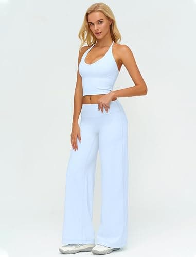 QBGJTD Womens Workout Sets Two Piece Spaghetti Straps Crop Top Matching Straight Leg Pants Gym Work Pilates Outfits thumbnail 4