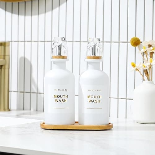 BONLONG 11.8OZ Mouthwash Dispenser for Bathroom with Bamboo & Stainless Steel Pour Spout, Mouthwash Cups Reusable, Bamboo Tray, and Elegant Gold Label. Set of 2（White thumbnail 4