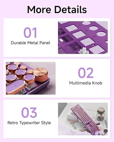 EWEADN Wired Typewriter Mechanical Keyboard, Low Noise Pink Switch Retro Punk Keyboard with Media Knob, White Backlit, Metal Panel, 104-Key Round Keycaps Cute Keyboard for Windows PC -Purple thumbnail 6