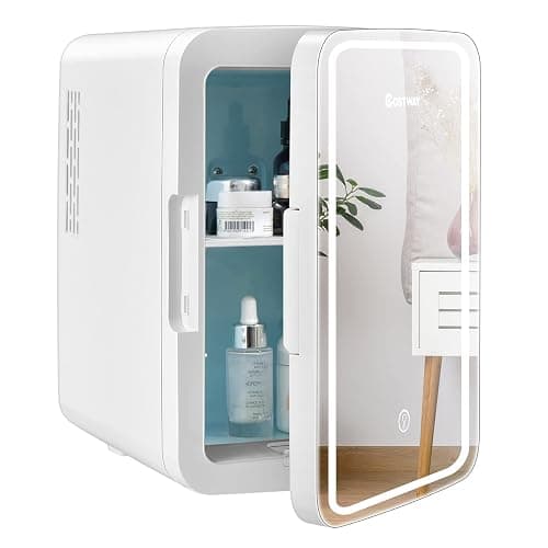 COSTWAY 10L Beauty Mini Fridge, 3-level Brightness AC/DC Skincare Refrigerator with Touch Screen Mirror, Removable Shelves, Portable Mini Cooler and Warmer for Skincare Cosmetics Bedroom - Image 1