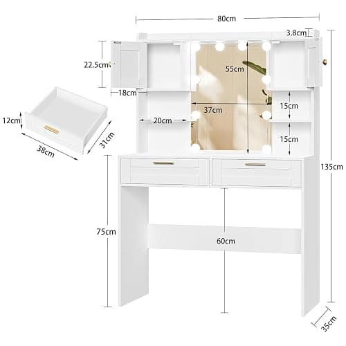 FIONESO Coiffeuse avec Grand Miroir，luminosité réglable,Table de Maquillage avec 2 Tiroirs et 2 Armoires, Moderne Coiffeuse, Blanc thumbnail 2