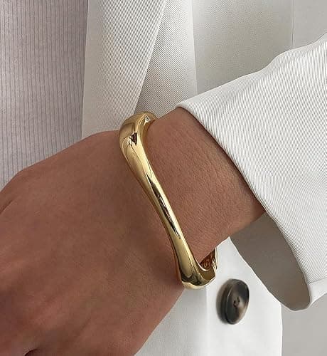 Chunky Gold Bangle Bracelets for Women, Dainty 14k Gold Plated Big Stackable Bangles Set, Trendy Statement Cuff Bracelet Stack Fashion Jewelry Christmas Gifts thumbnail 7