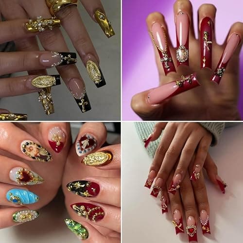 64pcs Gold Nail Charms Set with Gold Cross, Hearts, Rose, and Virgin Mary - Y2K 3D Chrome Nail Decorations thumbnail 4