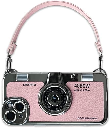Mscomft Classic Emily in Paris Phone Case,2023 New Vintage Camera Design Case That Looks Like a Camera,for iPhone 14 Camera Phone Leather Bracelet Sling Cover case (Pink, for iPhone 16 Plus) - Image 1