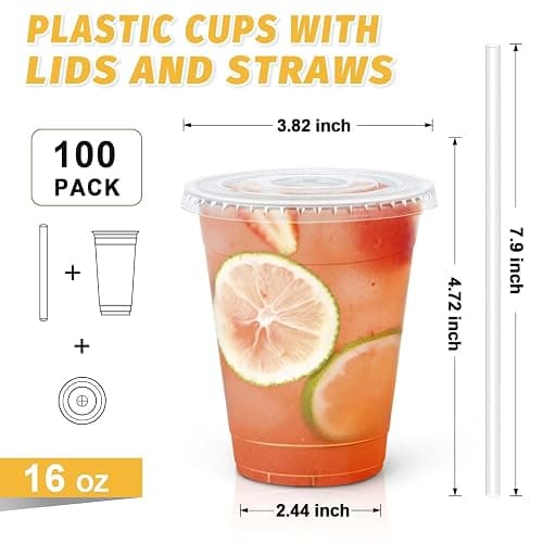 Clawsoff 100 Pack 16 oz Disposable Clear Plastic Cups with Lids and Straws | Cold Drinking Coffee Cups, Sturdy To Go Cups, Leak Proof, Food Safe, Thickened Durable, for Iced Coffee, Cold Beverage thumbnail 3