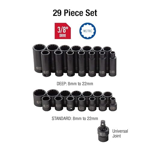 SUNEX TOOLS 3330, 3/8 Inch Drive Master Impact Socket Set, 12-Point, 29-Piece, Metric, 8mm-22mm, Standard/Deep, Cr-Mo Steel, Heavy Duty Storage Case, Includes Universal Joint thumbnail 3