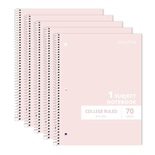 ONAVIA 1 Subject Spiral Notebook, 5 Pack, College Ruled, 8" x 10-1/2", 70 Sheets, 3-Hole Punched Paper, Subject Notebook for School, Study, Pink - Image 1