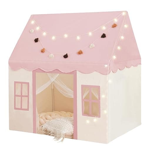 Large Kids Tent with mat, Star Lights, Tissue Garland, Play Tent Indoor & Outdoor, Kids Play Tent for Girl & Boy Aged 3+, Kids Tent for Toddler, 52" x35" x 52" Play House with Windows, Washable, Pink thumbnail 5