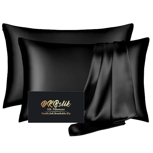 Silk Pillow Cases 2 Pack, Mulberry Silk Pillowcases Standard Set of 2, Smooth, Anti Acne, Both Sides Natural Silk Satin Pillow Cases for Sleeping Women 2 Pack with Zipper, Black - Image 1
