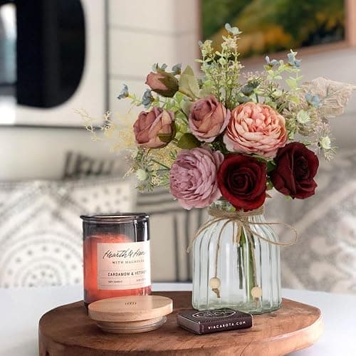 LESING Fake Artificial Flowers with Vase Faux Silk Flower Bouquet in Glass Vase Rose Floral Arrangements Flower for Home Office Decoration, Dining Table Centerpiece (Red) thumbnail 5