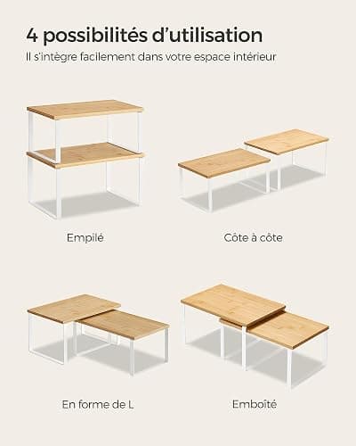 SONGMICS Étagère à Épices, Lot de 2, Organisateur de Placard, Étagère de Rangement de Cuisine Extensible, Porte-épices Empilable, Métal, Bois d’Ingénierie, Blanc Nuage et Beige Naturel KCS02NW thumbnail 7