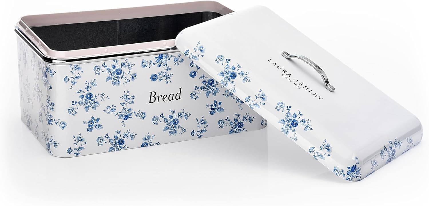 Laura Ashley Bread Storage Box with Lid by VQ - Large Bread Bin for Kitchen with Removable Lid - Easy to Clean Stainless Steel Bread Box with Hand-Applied Designer Print - China Rose - Image 1