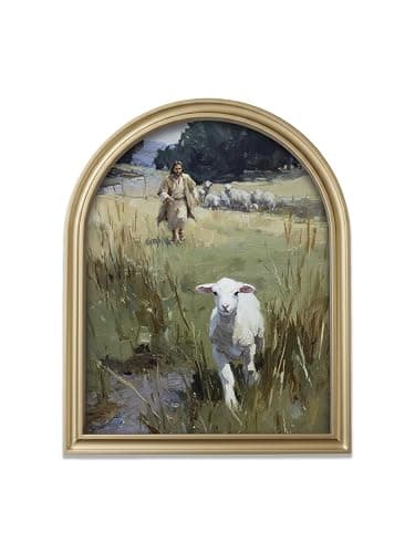 TwoDays Gold Vintage Christian Jesus Arched Wood Framed Wall Art – Jesus Leaves the 99 Sheep Canvas Picture, Religious Farmhouse Artwork Prints Wall Decor for Living Room, Bedroom (11" x 13.8") - Image 1