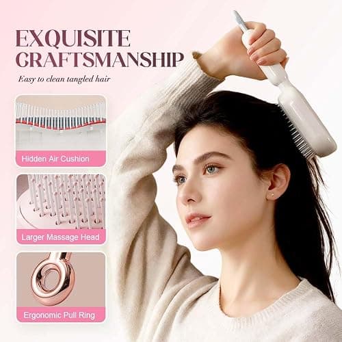 Self Cleaning Hair Brush, Retractable Hair Brush with Massage Bristles, Anti-Static Easy Clean Comb for All Hair Types, One-Pull Hair Styling Brush (Pink) thumbnail 4