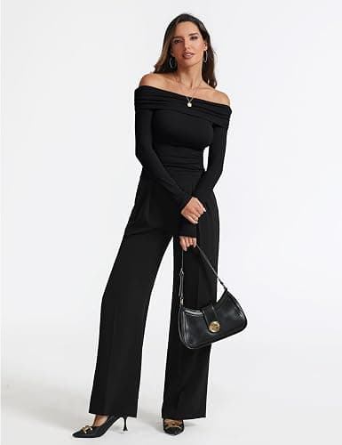 Women's Sexy Off Shoulder Tops Dressy Casual Slim Fit Long Sleeves Spring Fall Blouse Going Out Nightout Shirt(Black,XL) - Large - Black thumbnail 4