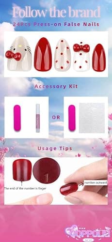 QQPPOLIU Cute Press on Nails Almond Shape with Polka Dots and Cat Design Short Red Fake Nails for Women Holiday thumbnail 4