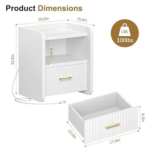 Curlaky Night Stand with Charger Station, Fluted Wood Nightstand with Drawer Storage, Modern Bedside Table, Wide Nightstands for Bedroom, Mid Century Wooden Night Stands for Home Office Sofa Couch thumbnail 4