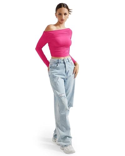 SUUKSESS Women Off Shoulder Long Sleeve Shirts Double Lined Fitted Crop Tops thumbnail 4