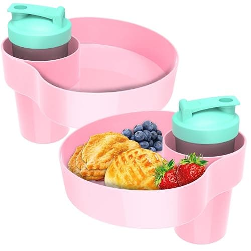 OMYPOTT 2PCS Kids Car Seat Tray, Travel Trays for Kids with Car Cup Holder, Toddlers Road Trip Essential, Travel Snacks Food Plate for Stroller, Boosters, and Anywhere with a Cup Holder Tray-Pink - Image 1