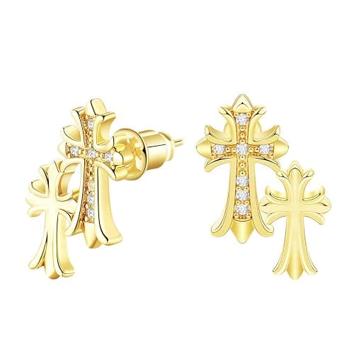 Warshion Gold Cross Earrings for Women 14K Gold Double Piercing Cross Earrings Diamond Stud Earring - Image 1