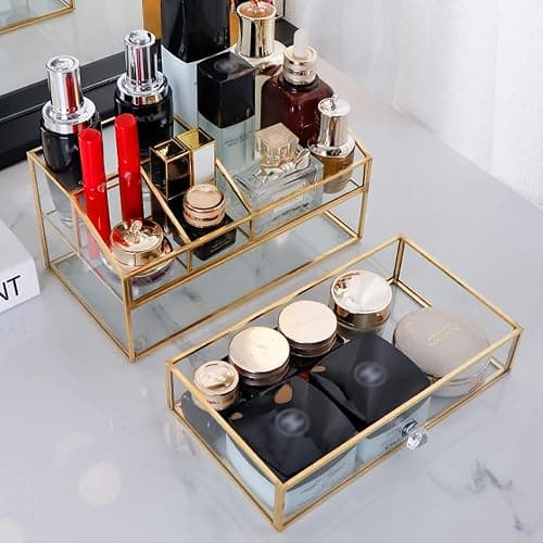 YUEHUA Glass Makeup Organizer, Clear Makeup Brush Organizer Jewelry Display Box, Gold Makeup Nail Polish Lipsticks Eyeliners Holder Organizer for Vanity Bathroom Office thumbnail 6