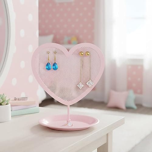 Parlor Boudoir Heart Shaped Jewelry Organizer Stand Pink Metal Earring Holder for Girls with Tray Storage for Rings & Bracelets Cute Vanity Jewelry Display and Room Decor Aesthetic for Teen Girls thumbnail 5