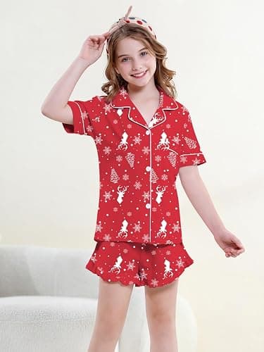QZH.DUAO Girls Pajama Sets 100% Cotton Sleepwear Button Down Short Sleeve With Ruffle Shorts 2 Piece PJS 5-14 thumbnail 2